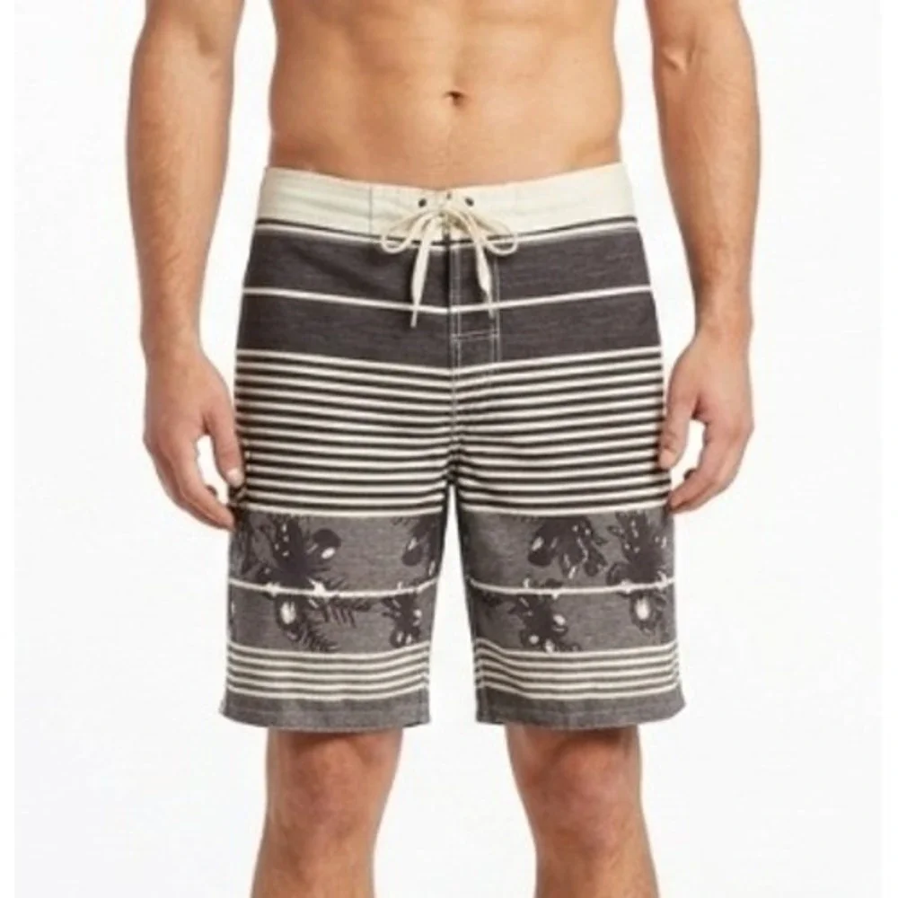 Op Swim Shorts Mens Large Black Stripe Tropical Floral Lined Pocket Beach Casual